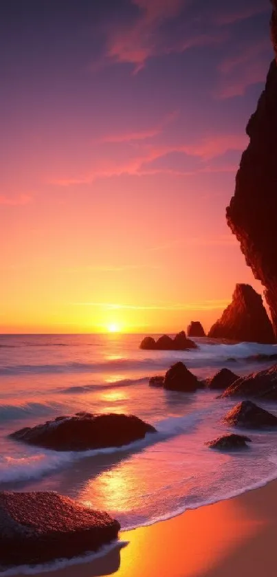 A stunning beach sunset with vibrant orange and pink hues casting reflections on the water.