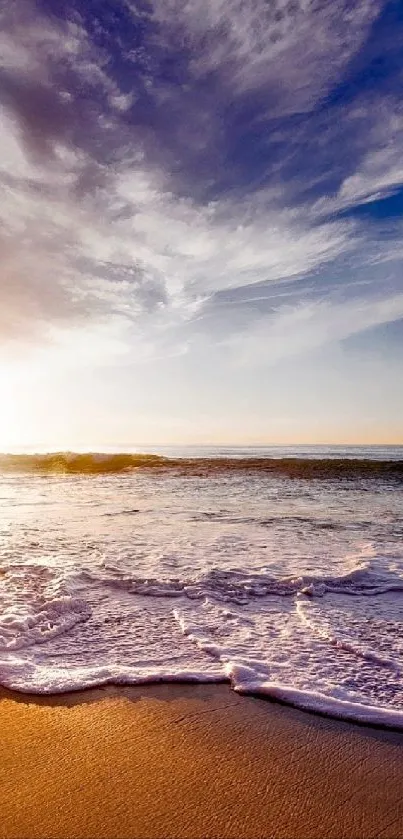 Stunning beach sunset with ocean waves and dramatic sky.