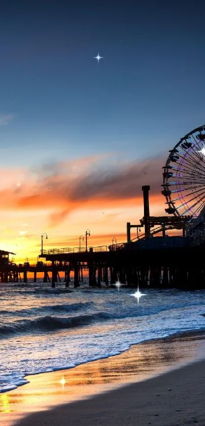 Stunning beach sunset with ferris wheel and ocean waves.