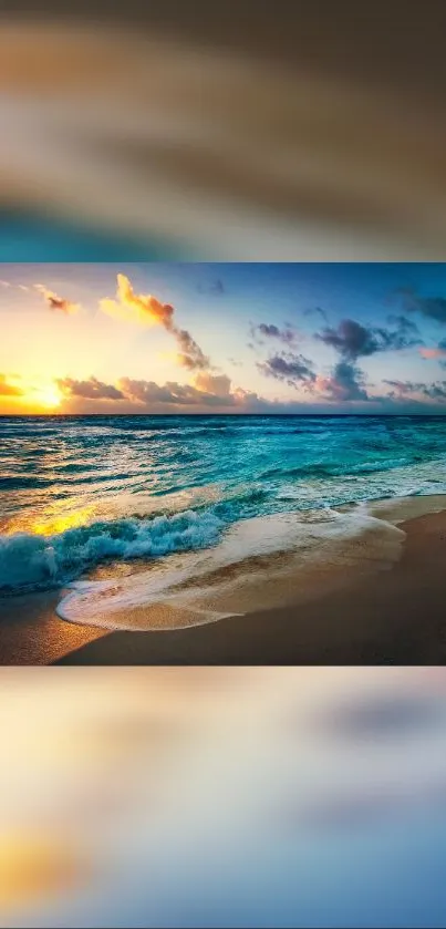 A stunning beach sunset with golden skies and ocean waves.