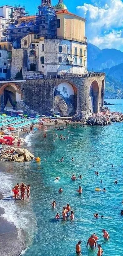 Mobile wallpaper of a vibrant coastal beach town with blue waters.