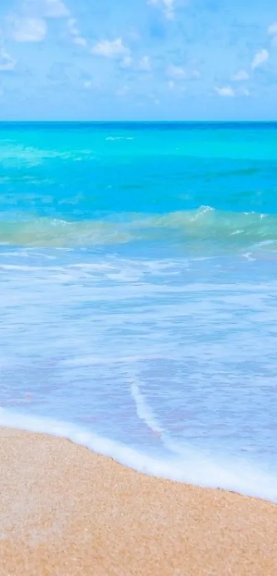 Tranquil beach scene with ocean waves and blue sky.