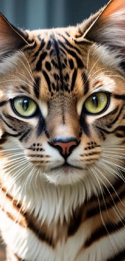 Close-up of a Bengal cat with striking green eyes and patterned fur.