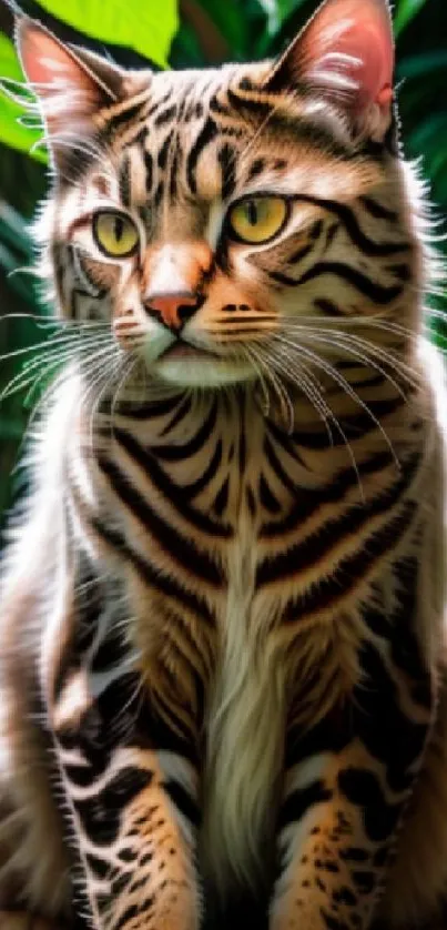 Bengal cat with striking spots sitting among lush green leaves.