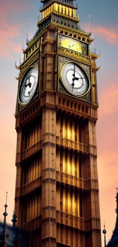 Mobile wallpaper featuring Big Ben at sunset with a vibrant orange sky.