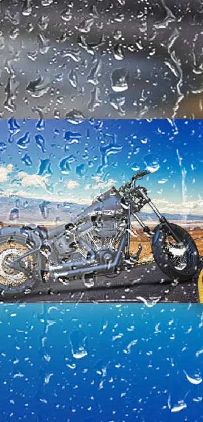 Motorcycle on desert road with rain effect wallpaper.