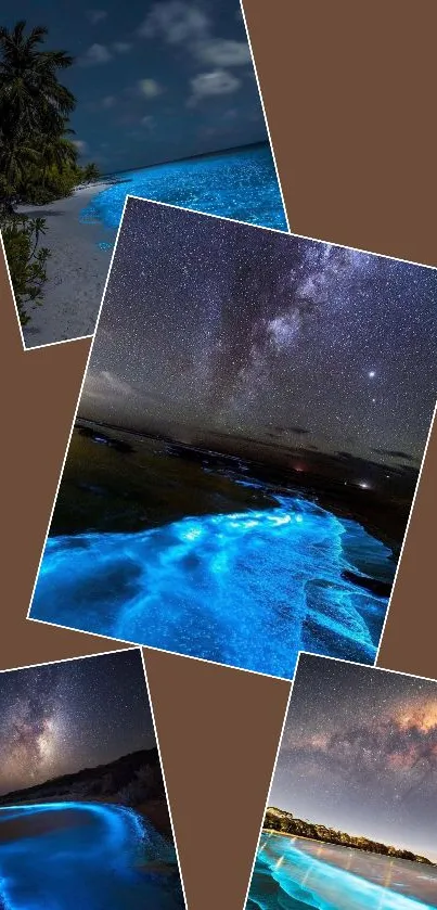 Bioluminescent beach and starry night mobile wallpaper collage.