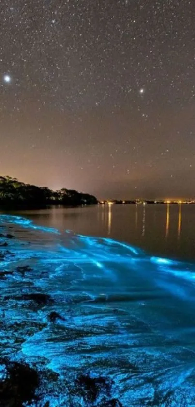 Bioluminescent beach with starry night sky mobile wallpaper.