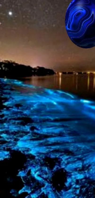 Bioluminescent blue beach with a floating sphere under a night sky.