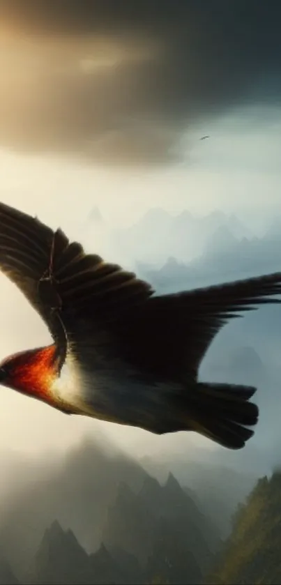 Bird soaring over mountains with a serene sky.