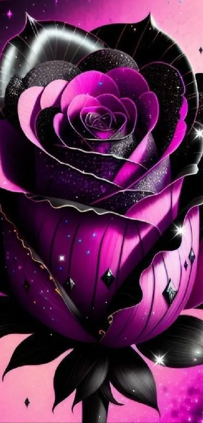 Artistic black and pink rose with cosmic highlights.