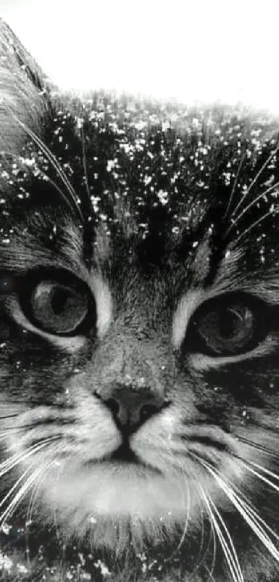 Black and white cat with snowflakes on fur.