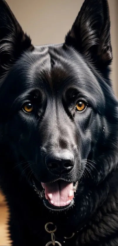 Black German Shepherd with brown eyes and shiny coat close-up.