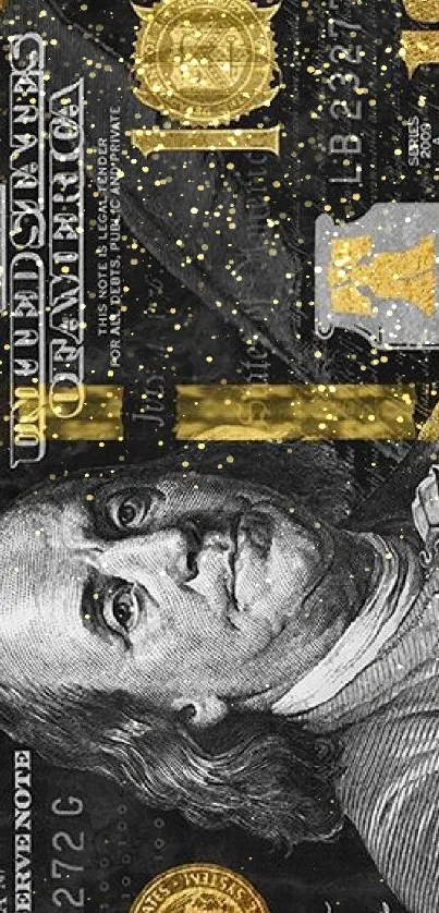 Black and gold hundred dollar bill design wallpaper.