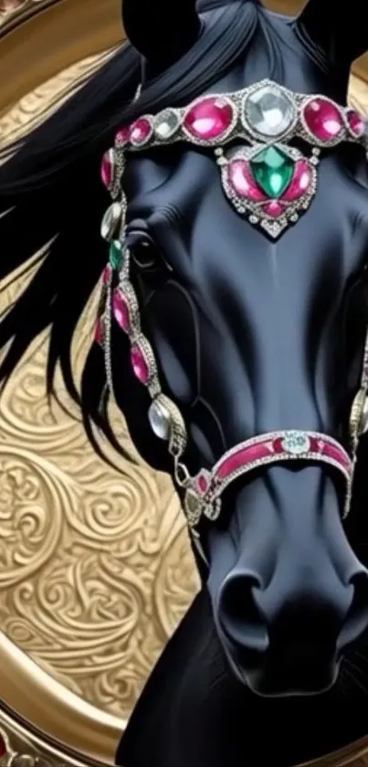 Elegant black horse with ornate jewelry on a golden background.