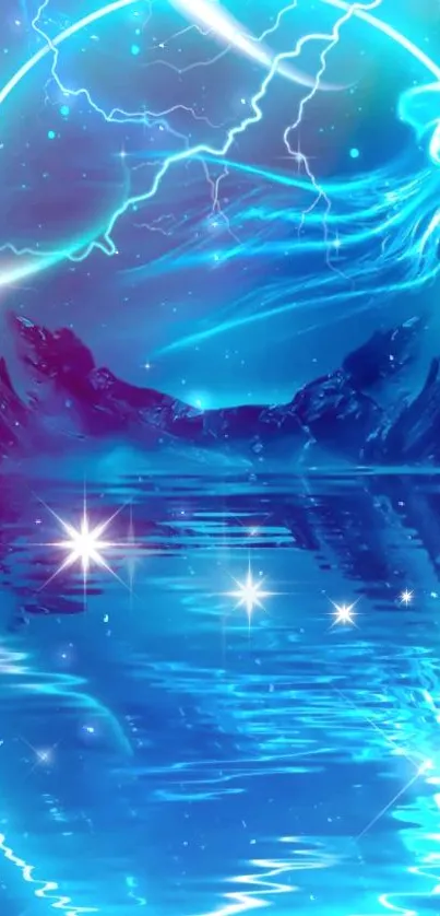 Blue abstract art wallpaper with stars, lightning, and serene waters.