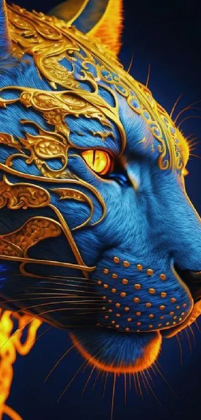 Blue abstract panther with golden details in artistic style mobile wallpaper.