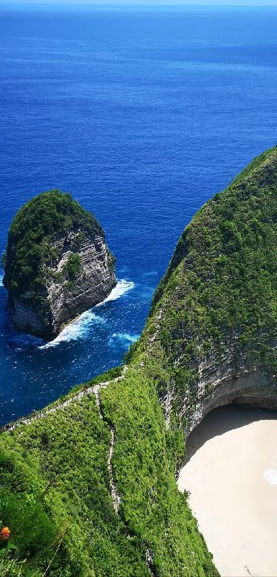 A stunning beach view with vibrant blue ocean and lush green cliffs.