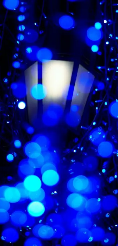 Mobile wallpaper with blue bokeh lights and a glowing lantern.