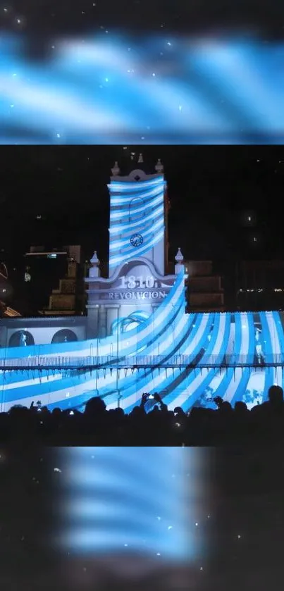 Beautiful blue light projection on a historic building at night.