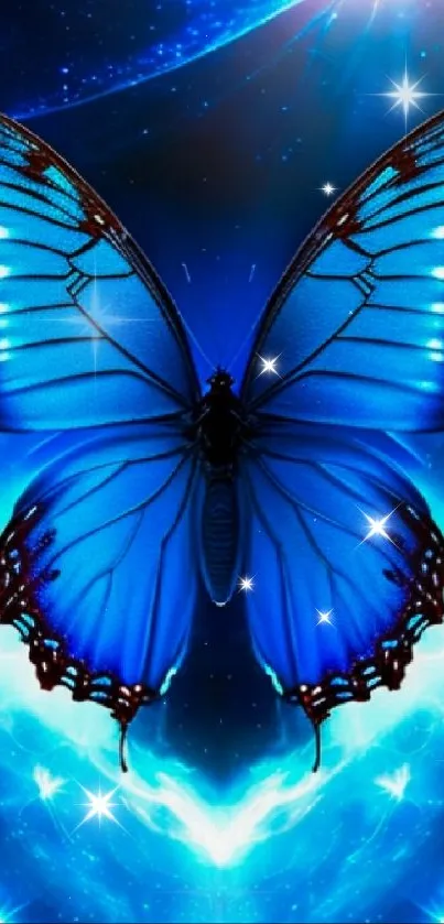 A vibrant blue butterfly with cosmic background on mobile wallpaper.