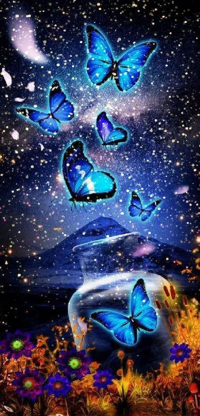 Blue butterflies soar in a mystical starry night with colorful flowers below.