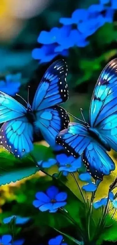 Vibrant blue butterflies on a floral backdrop with lush greenery.