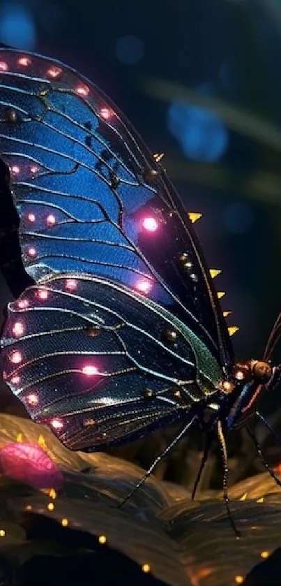 Luminous blue butterfly on a branch with glowing accents.