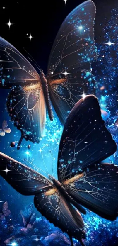 Vibrant blue butterfly wallpaper with glow.