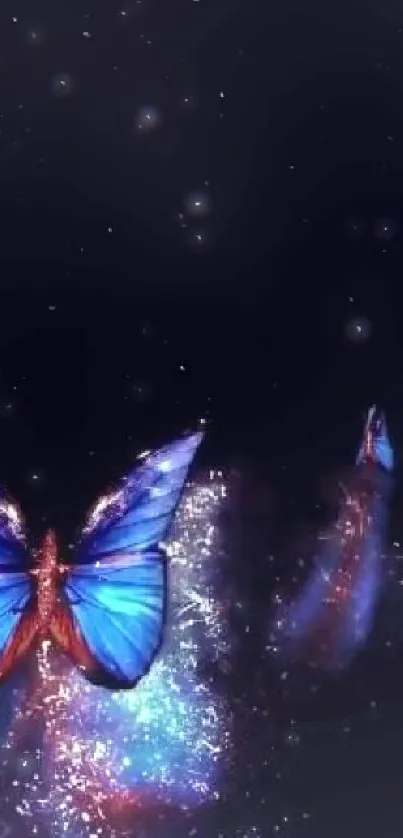 Blue butterfly with sparkling effects on a dark background.