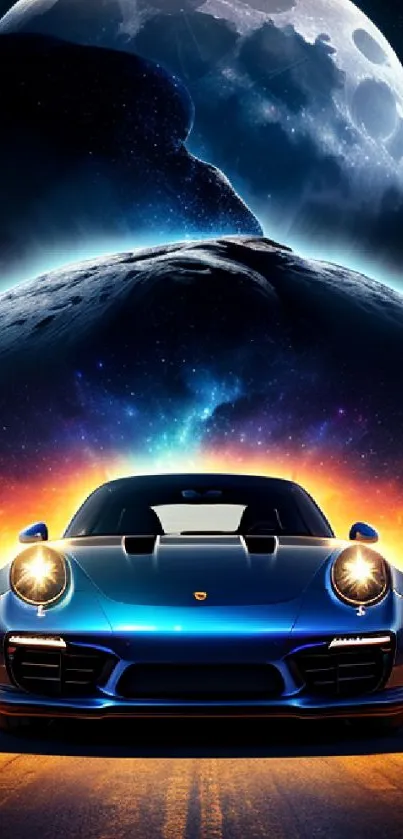 Blue car with cosmic and moonlit background.