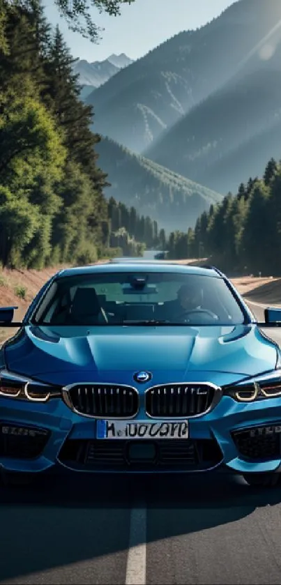 Sleek blue car on a scenic mountain road.