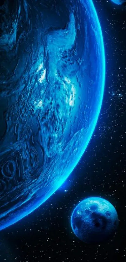 Vibrant blue planets and starry cosmos mobile wallpaper.