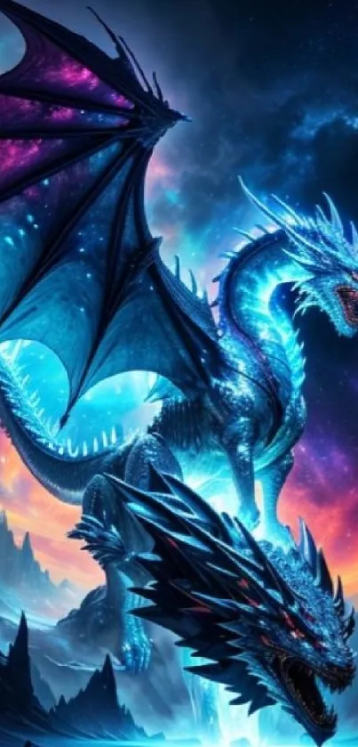 A majestic blue dragon amidst a vibrant fantasy sky.
