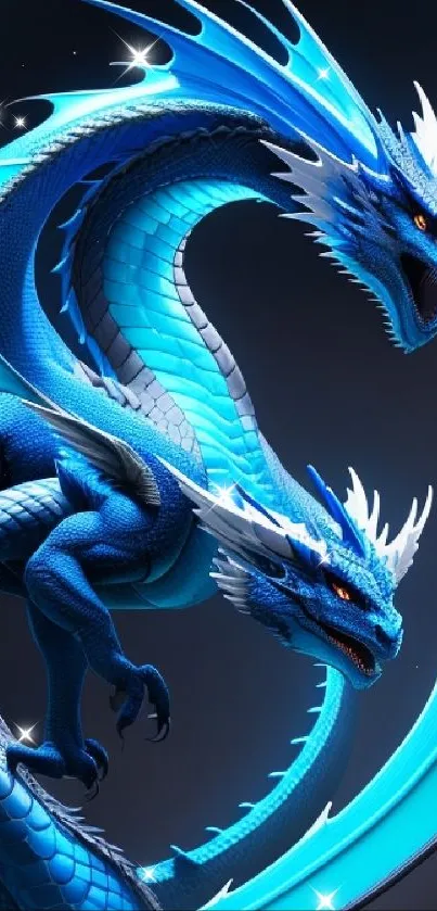 Majestic blue dragon with wings and intricate scales.