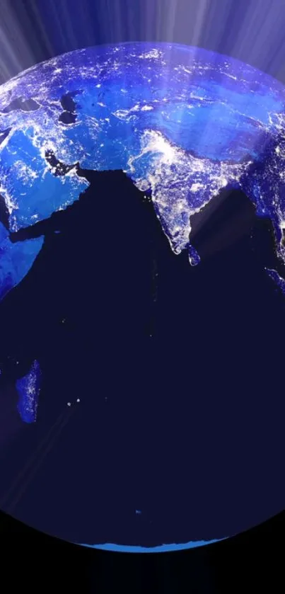 Blue Earth at night with city lights viewed from space in vibrant mobile wallpaper.