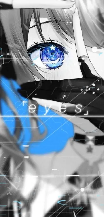 Anime wallpaper with a striking blue eye and black and white design.