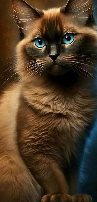 Artistic brown cat with striking blue eyes on a dark background.