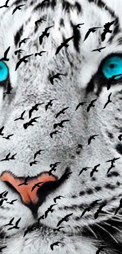 Mobile wallpaper of a blue-eyed tiger with bird overlay.