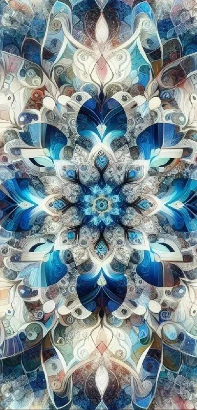 Intricate blue mandala design with geometric patterns.