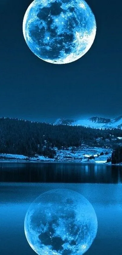 Blue moon reflecting on a serene lake, creating a tranquil night landscape.