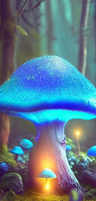 Blue glowing mushroom in mystical forest wallpaper.