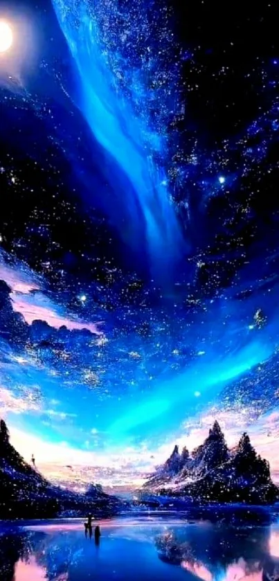 Ethereal landscape under a cosmic night sky with moonlit mountains.
