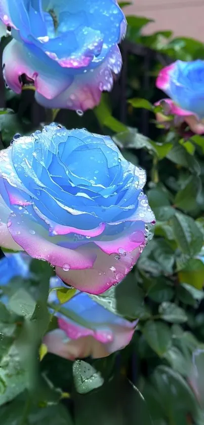 Vibrant blue rose with water droplets, showcasing elegance.