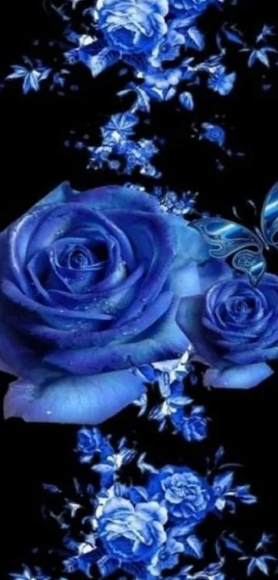 Elegant blue roses and butterfly on black background.