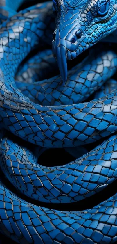 Close-up of a detailed blue snake coiled intricately.