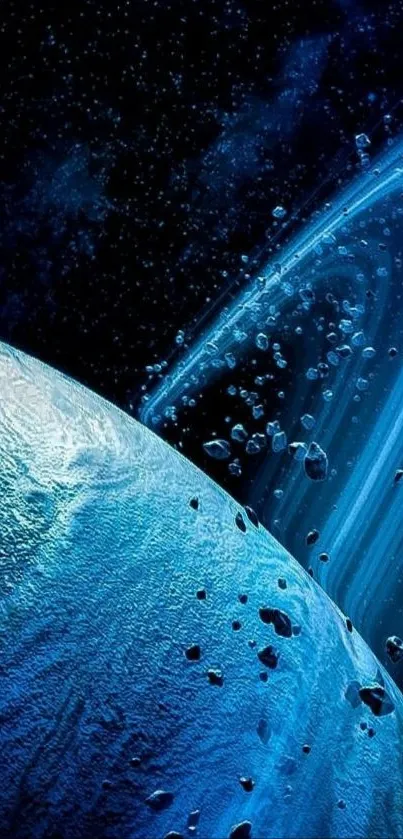 Blue-hued planet with asteroids in space.