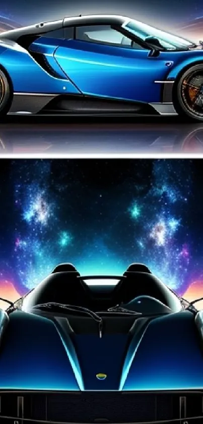 Blue sports car against cosmic background wallpaper.