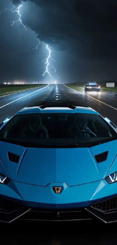 Blue sports car on road with lightning in the sky.