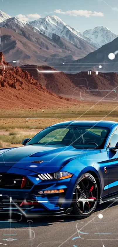 Blue sports car on road with mountain backdrop, vibrant and scenic.